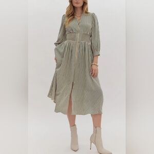 Striped V-Neck Midi Dress W/Smocked Waist